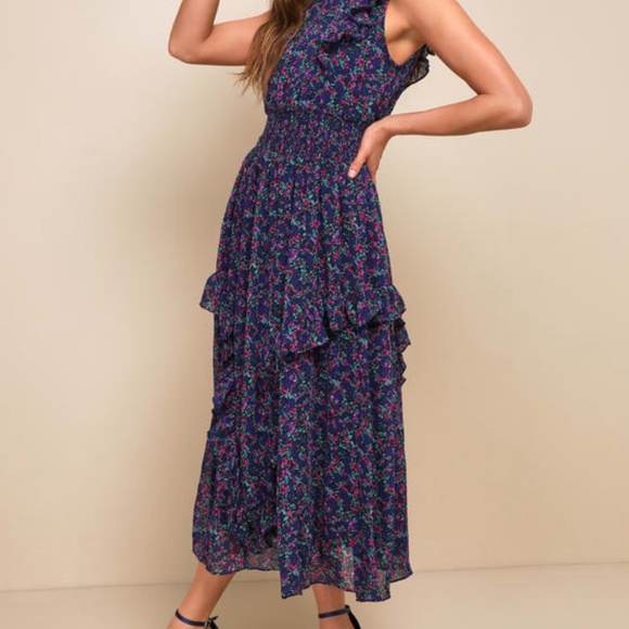 Lulus Evalina Navy Blue Floral Print Mock Neck Midi Dress - Size S - Picture 4 of 4